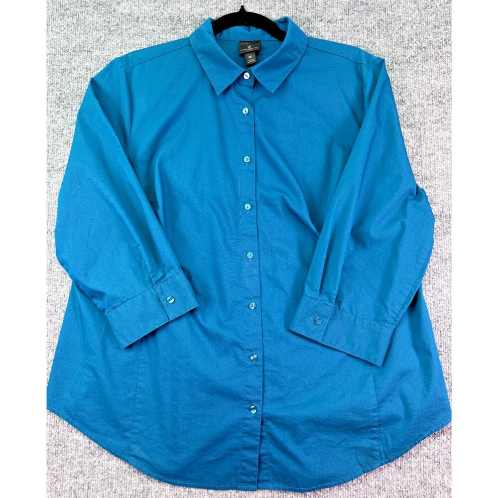 Worthington Woman Teal Button Front Shirt 0X Plus 3/4 Sleeve Stretch Blouse